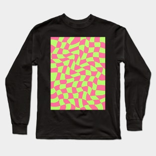 Pink and Green Wavy Checkered Pattern Long Sleeve T-Shirt